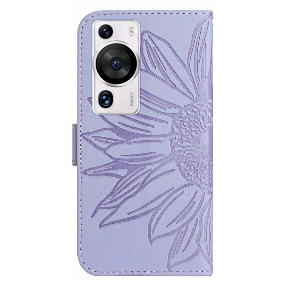 HT04 För Huawei P60 / P60 Pro Sunflower Imprinting mobilskal Läderställ Plånboksfodral med Axelrem