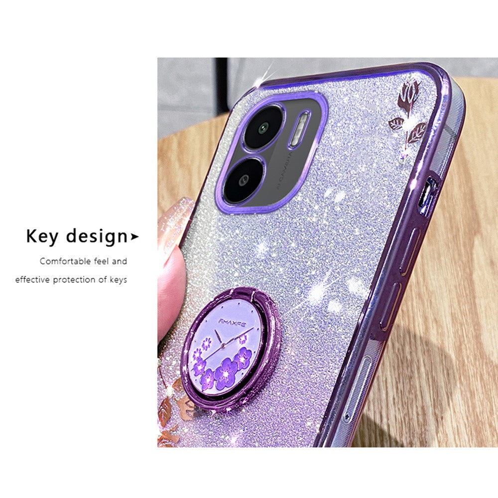 KADEM Kickstand Shell for Xiaomi Redmi A1 4G / A2 4G Glitter Gradient Rhinestone Flower Phone Cover TPU Electroplating Case