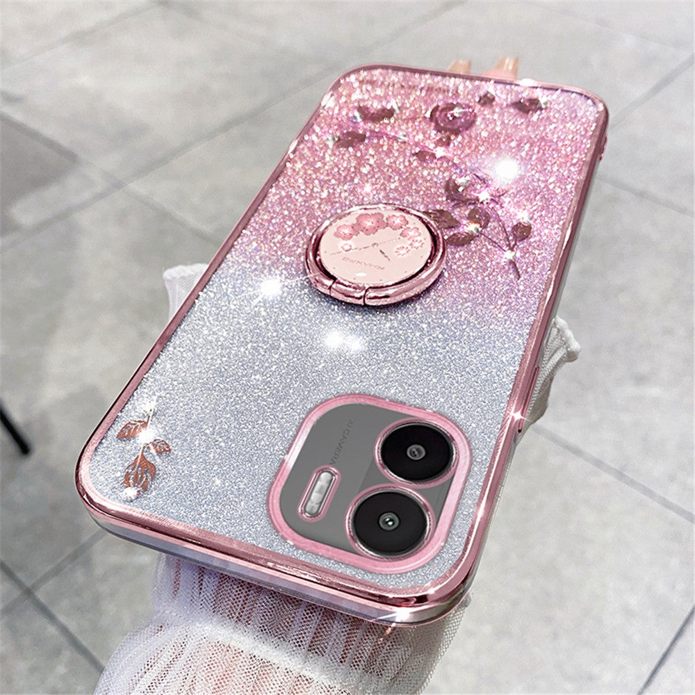 KADEM Kickstand Shell for Xiaomi Redmi A1 4G / A2 4G Glitter Gradient Rhinestone Flower Phone Cover TPU Electroplating Case