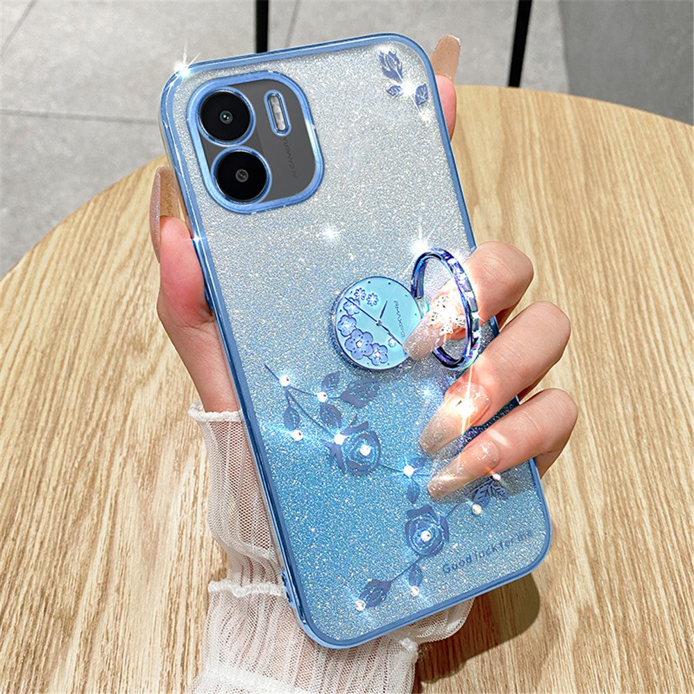 KADEM Kickstand Shell for Xiaomi Redmi A1 4G / A2 4G Glitter Gradient Rhinestone Flower Phone Cover TPU Electroplating Case