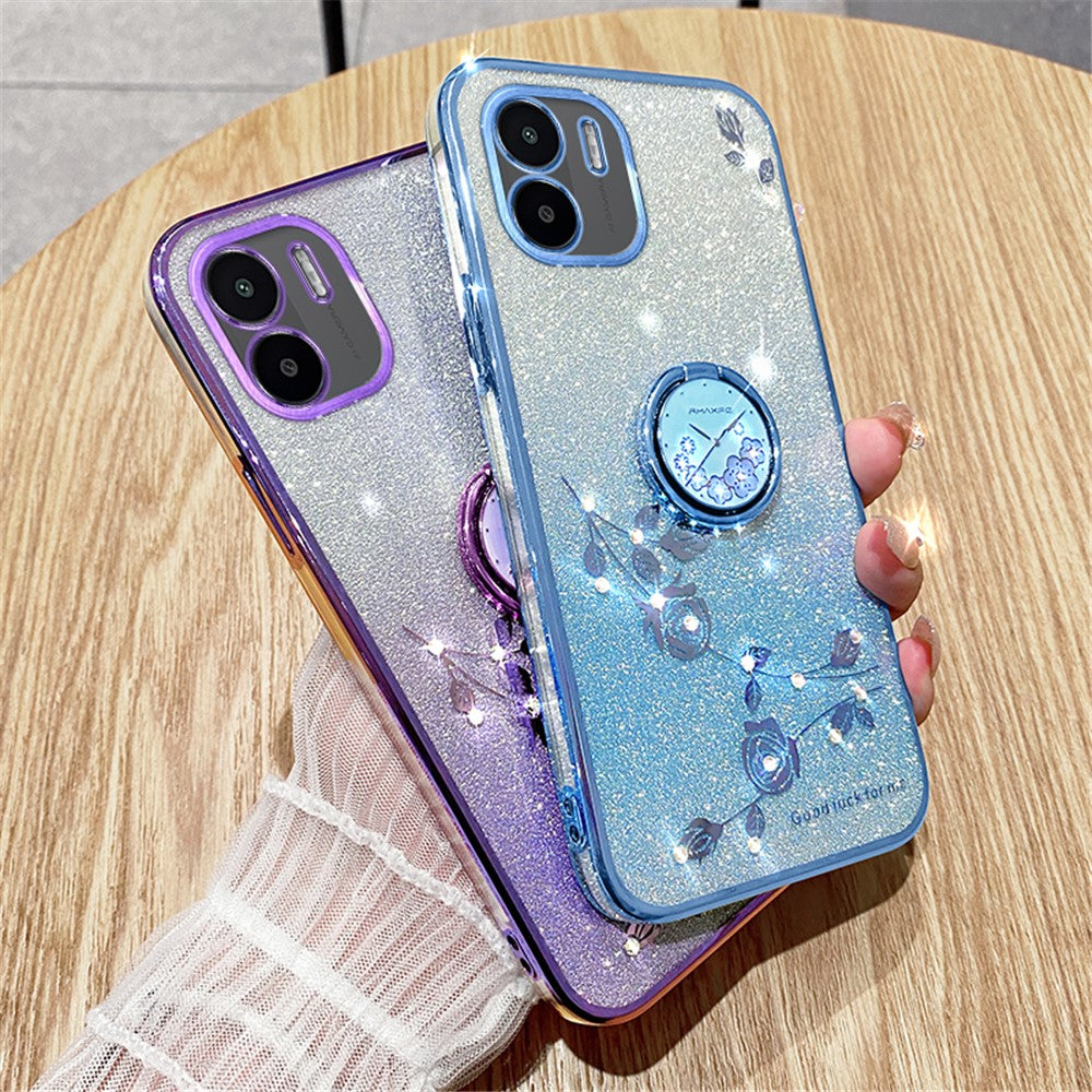 KADEM Kickstand Shell for Xiaomi Redmi A1 4G / A2 4G Glitter Gradient Rhinestone Flower Phone Cover TPU Electroplating Case