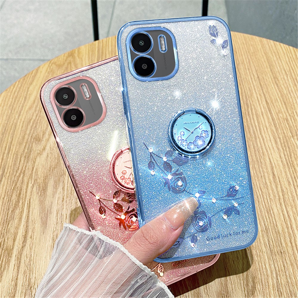 KADEM Kickstand Shell for Xiaomi Redmi A1 4G / A2 4G Glitter Gradient Rhinestone Flower Phone Cover TPU Electroplating Case