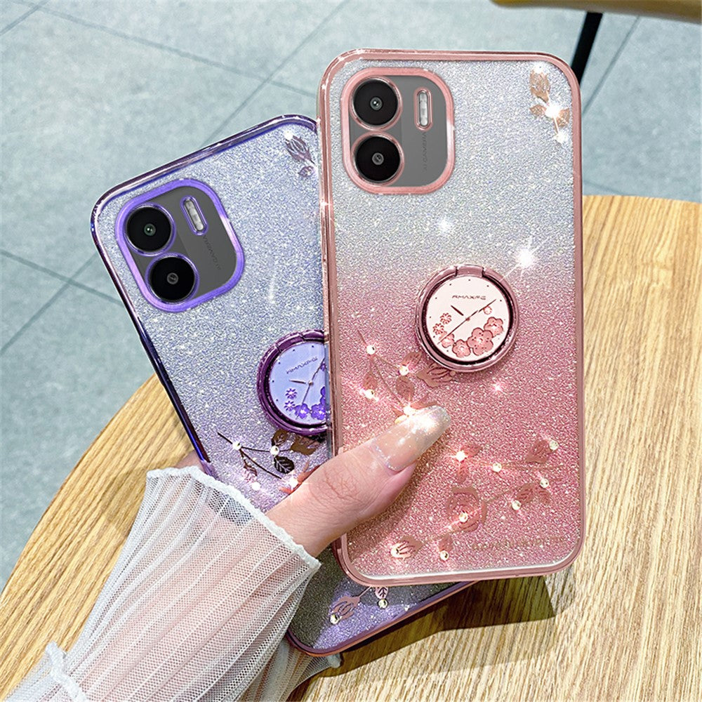 KADEM Kickstand Shell for Xiaomi Redmi A1 4G / A2 4G Glitter Gradient Rhinestone Flower Phone Cover TPU Electroplating Case