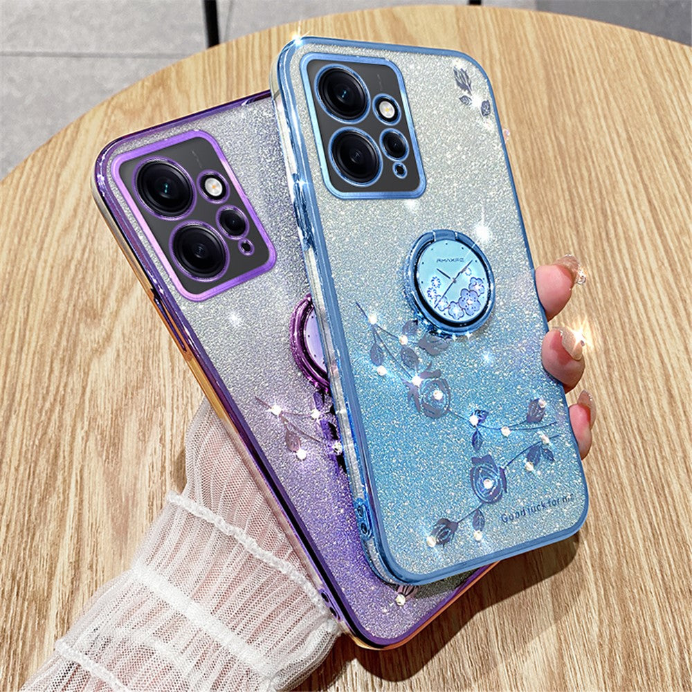 KADEM For Xiaomi Redmi Note 12 4G Kickstand Case Glitter Gradient Rhinestone Flower Phone Cover TPU Electroplating Case
