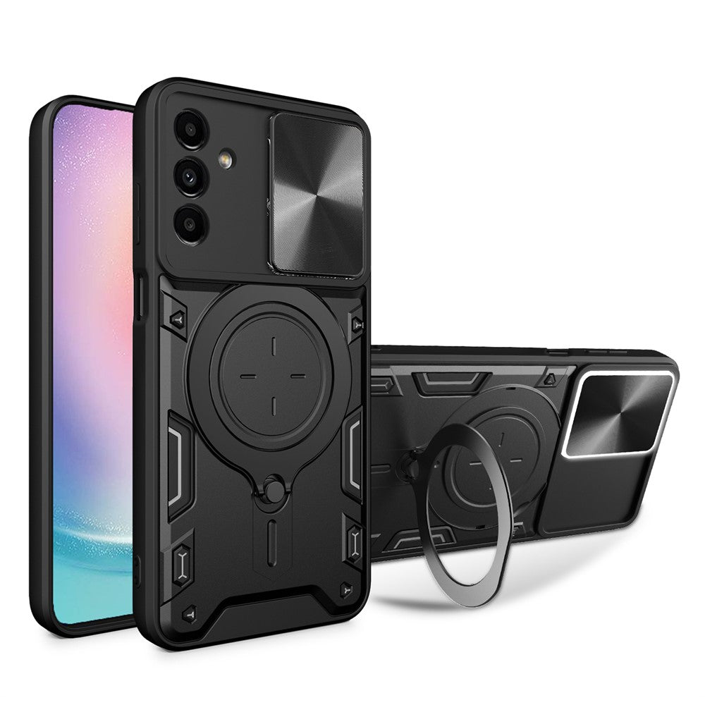 For Samsung Galaxy A24 4G (162.1 x 77.6 x 8.3mm) Rotating Kickstand Cover TPU+PC Phone Case with Slide Camera Lens Protector