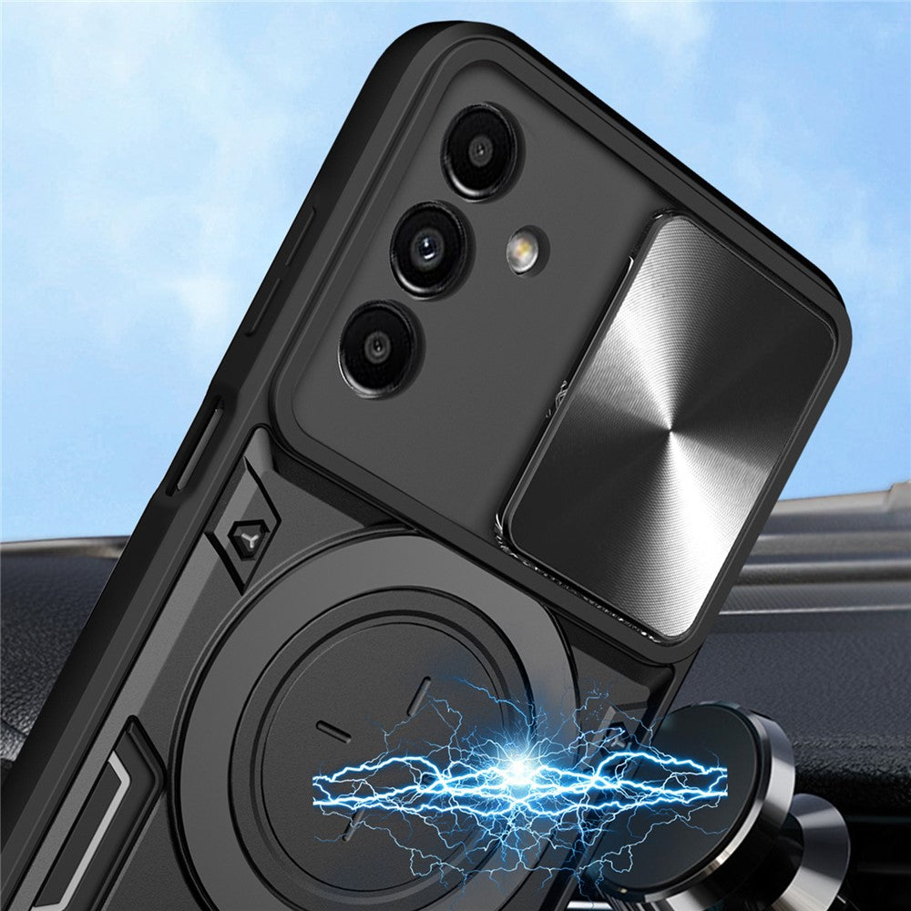 For Samsung Galaxy A24 4G (162.1 x 77.6 x 8.3mm) Rotating Kickstand Cover TPU+PC Phone Case with Slide Camera Lens Protector