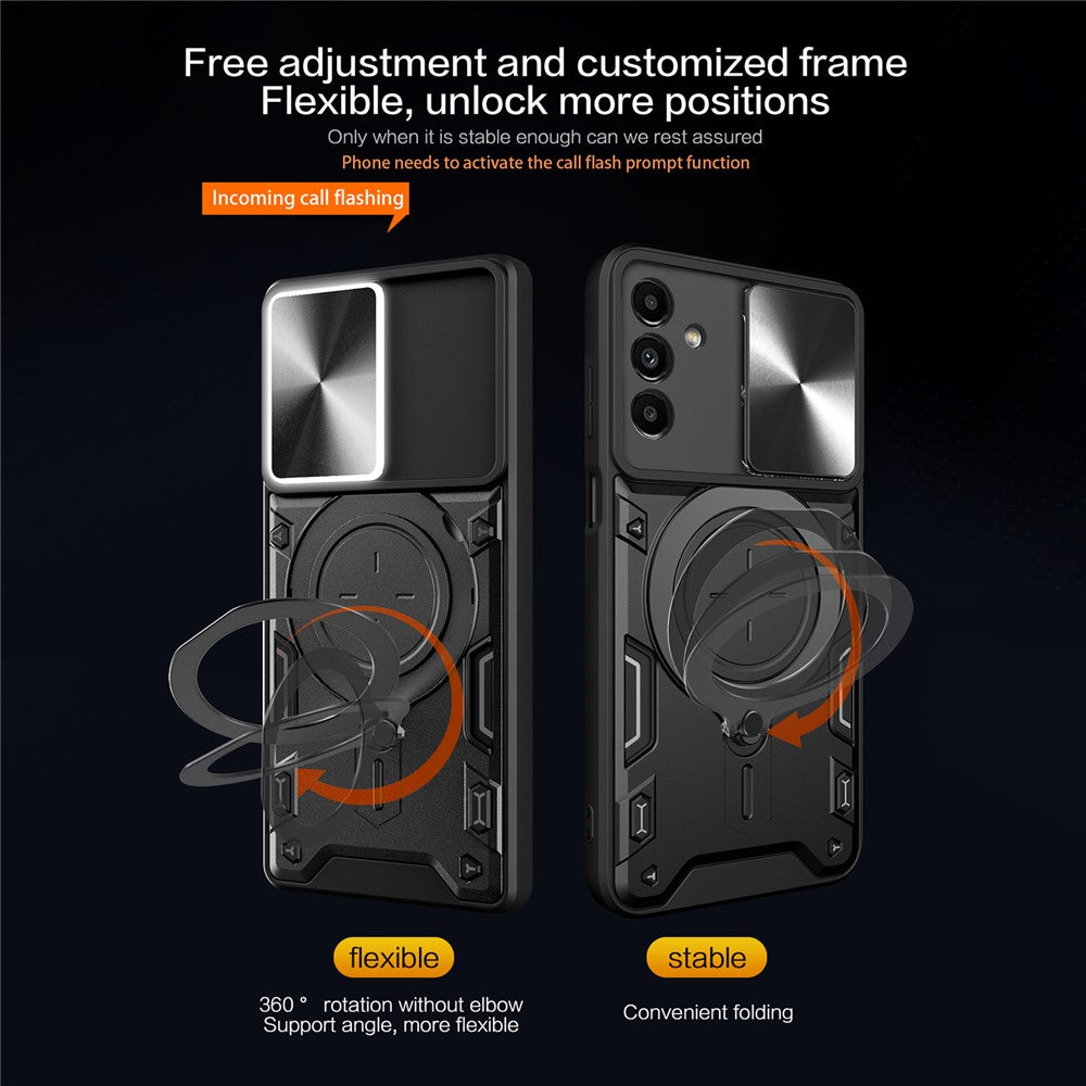 For Samsung Galaxy A24 4G (162.1 x 77.6 x 8.3mm) Rotating Kickstand Cover TPU+PC Phone Case with Slide Camera Lens Protector
