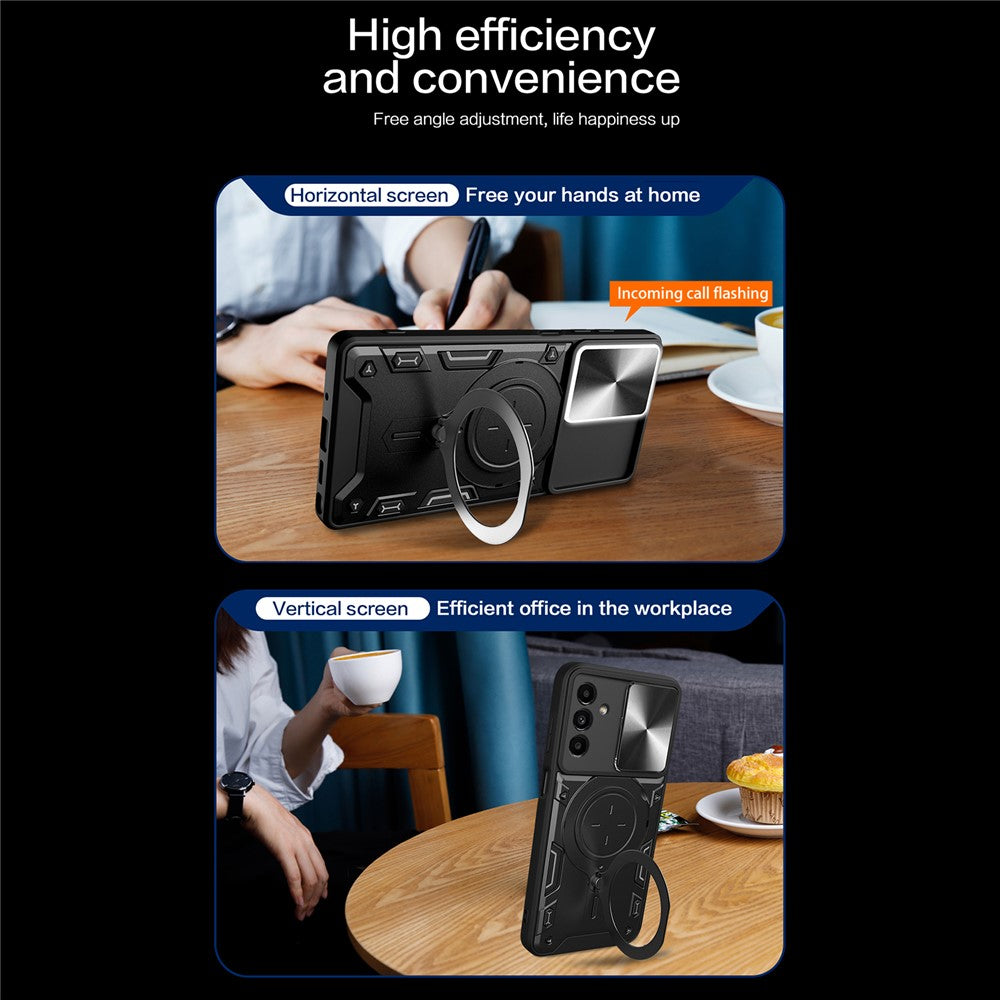 For Samsung Galaxy A24 4G (162.1 x 77.6 x 8.3mm) Rotating Kickstand Cover TPU+PC Phone Case with Slide Camera Lens Protector