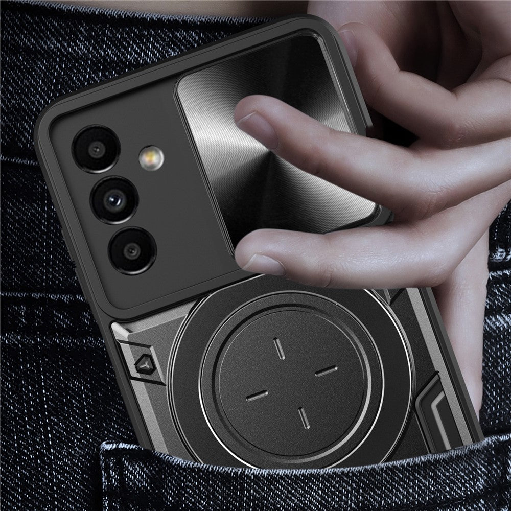 For Samsung Galaxy A24 4G (162.1 x 77.6 x 8.3mm) Rotating Kickstand Cover TPU+PC Phone Case with Slide Camera Lens Protector