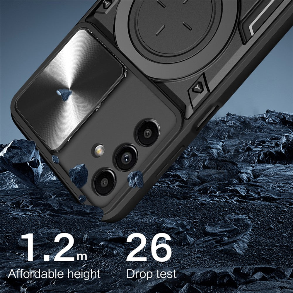 For Samsung Galaxy A24 4G (162.1 x 77.6 x 8.3mm) Rotating Kickstand Cover TPU+PC Phone Case with Slide Camera Lens Protector