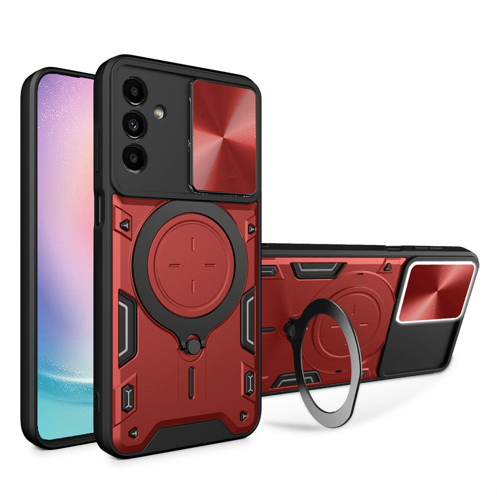 For Samsung Galaxy A24 4G (162.1 x 77.6 x 8.3mm) Rotating Kickstand Cover TPU+PC Phone Case with Slide Camera Lens Protector