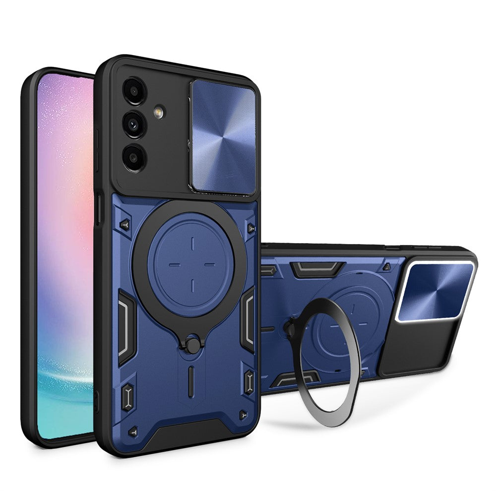 For Samsung Galaxy A24 4G (162.1 x 77.6 x 8.3mm) Rotating Kickstand Cover TPU+PC Phone Case with Slide Camera Lens Protector