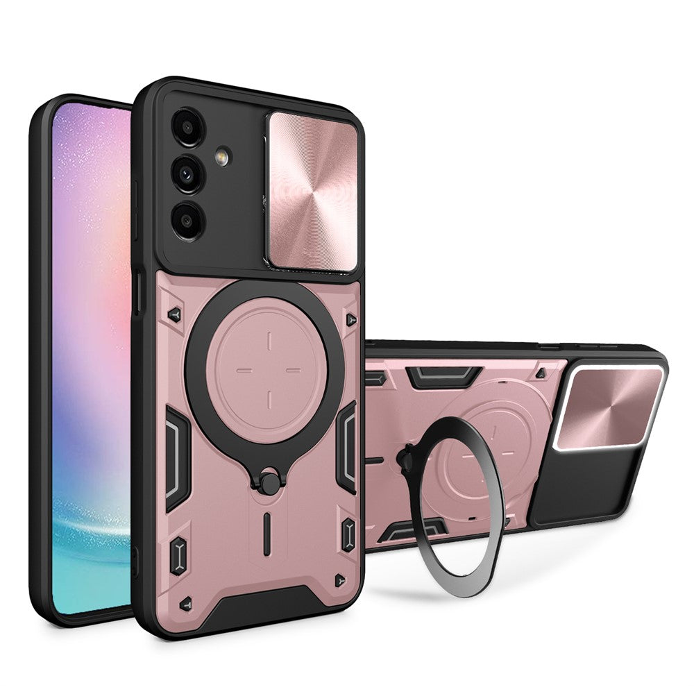 For Samsung Galaxy A24 4G (162.1 x 77.6 x 8.3mm) Rotating Kickstand Cover TPU+PC Phone Case with Slide Camera Lens Protector