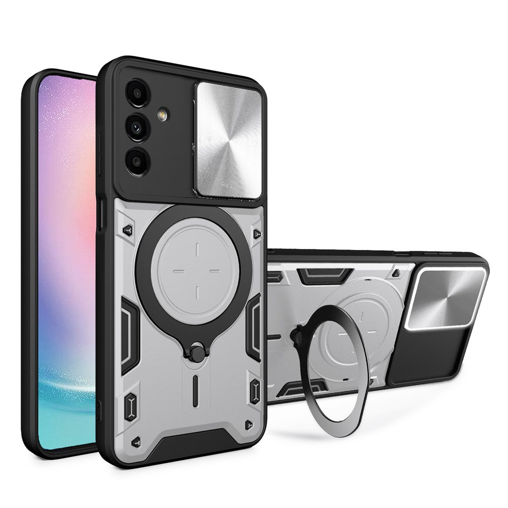 For Samsung Galaxy A24 4G (162.1 x 77.6 x 8.3mm) Rotating Kickstand Cover TPU+PC Phone Case with Slide Camera Lens Protector