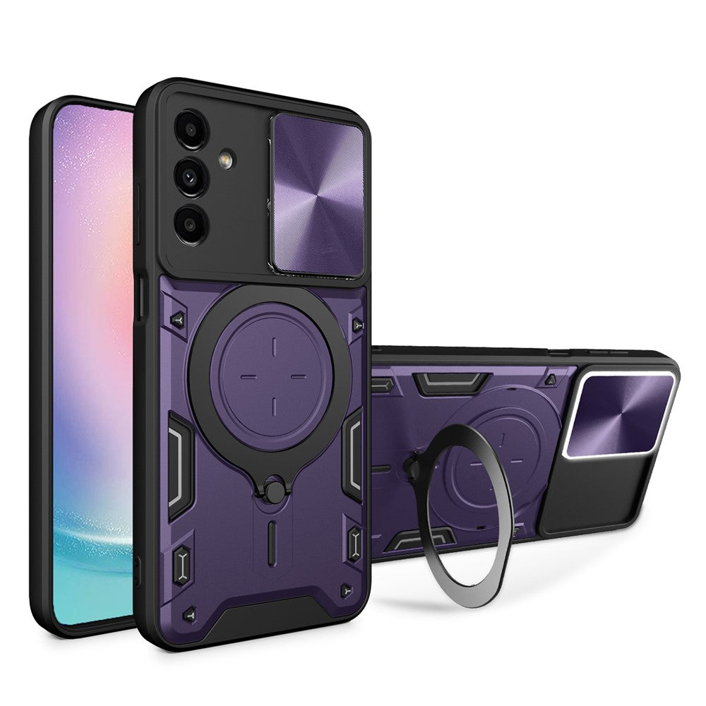 For Samsung Galaxy A24 4G (162.1 x 77.6 x 8.3mm) Rotating Kickstand Cover TPU+PC Phone Case with Slide Camera Lens Protector