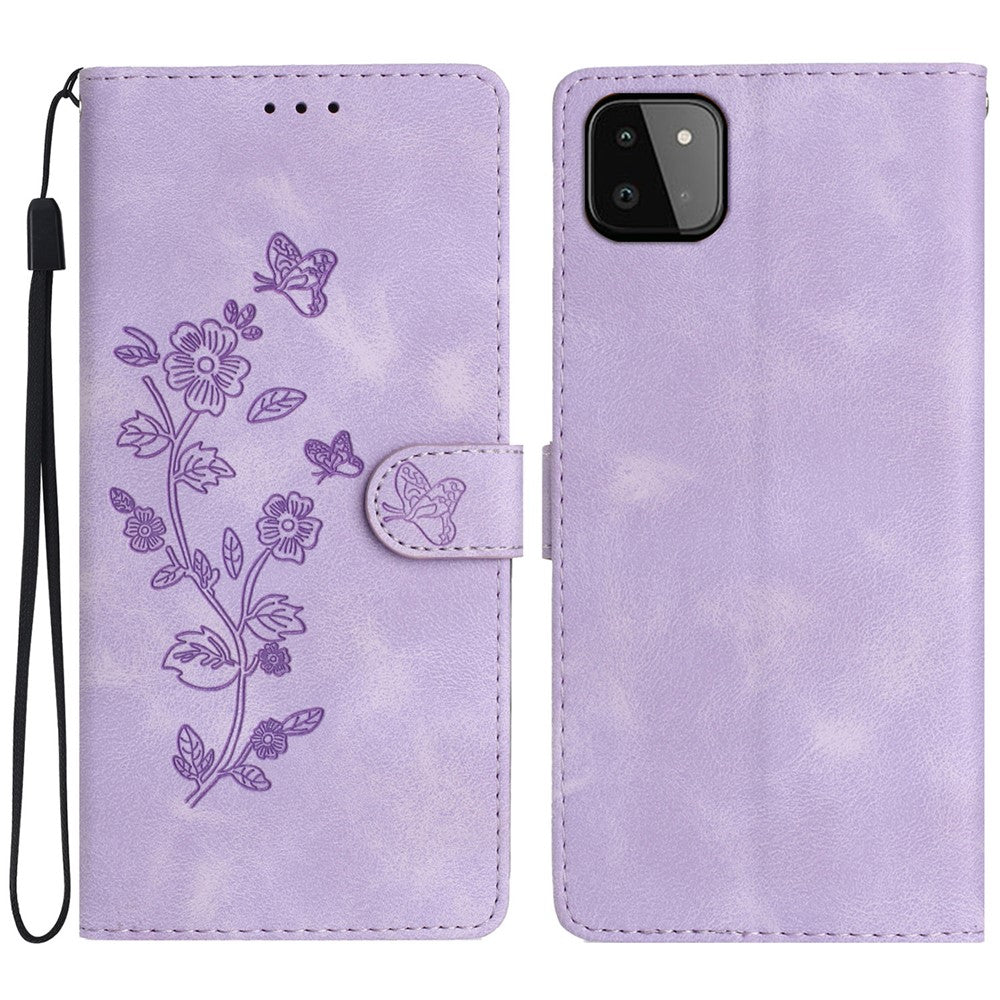 For Samsung Galaxy A22 5G (EU Version) PU Leather Wallet Phone Cover Flower Imprint Folding Stand Case