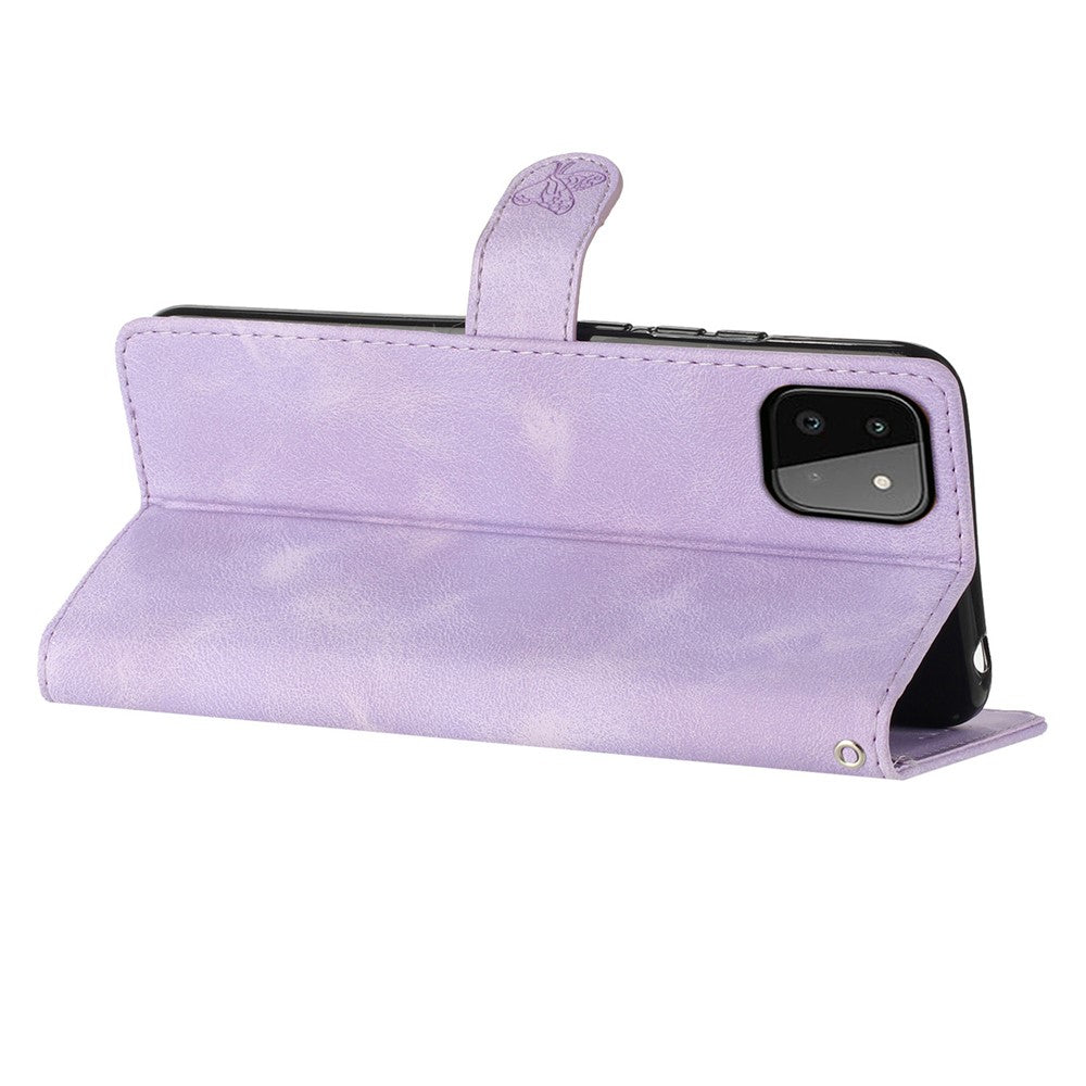 For Samsung Galaxy A22 5G (EU Version) PU Leather Wallet Phone Cover Flower Imprint Folding Stand Case