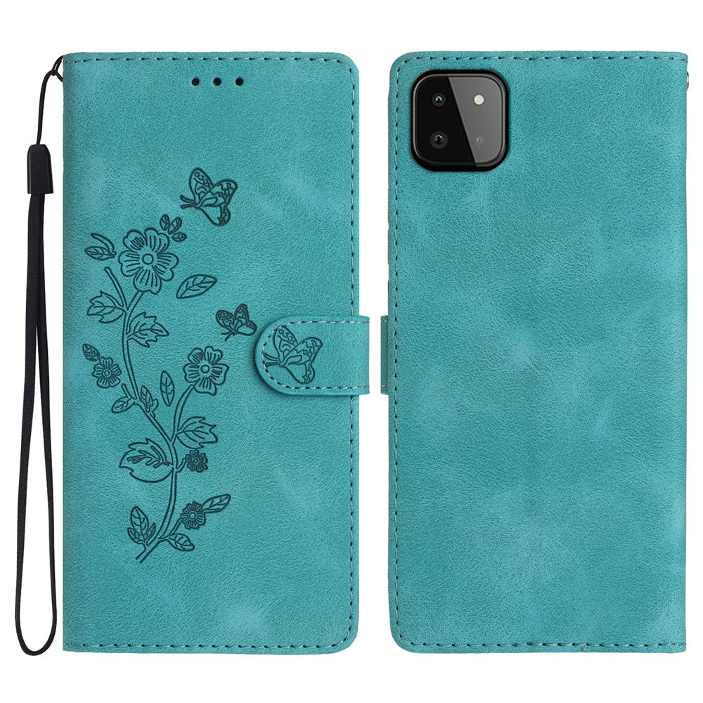 For Samsung Galaxy A22 5G (EU Version) PU Leather Wallet Phone Cover Flower Imprint Folding Stand Case