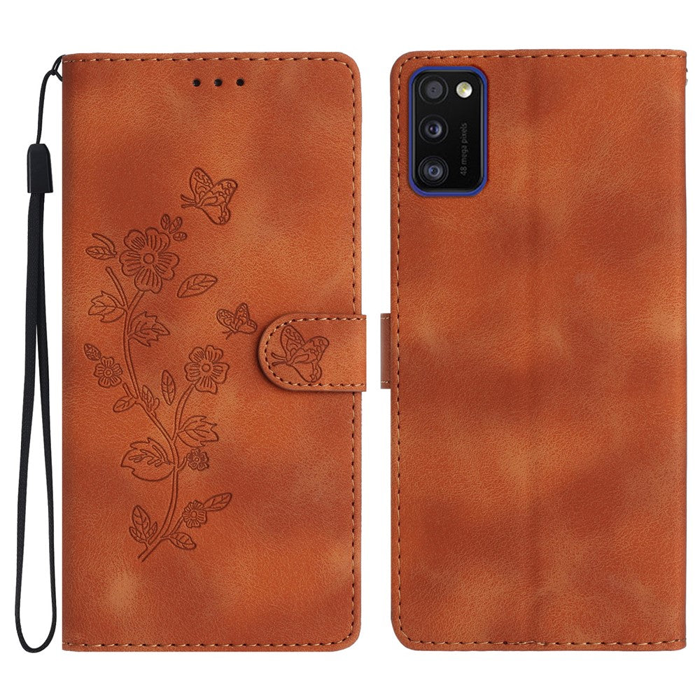 For Samsung Galaxy A41 (Global Version) Phone Stand Case Flower Imprint PU Leather Wallet Cover