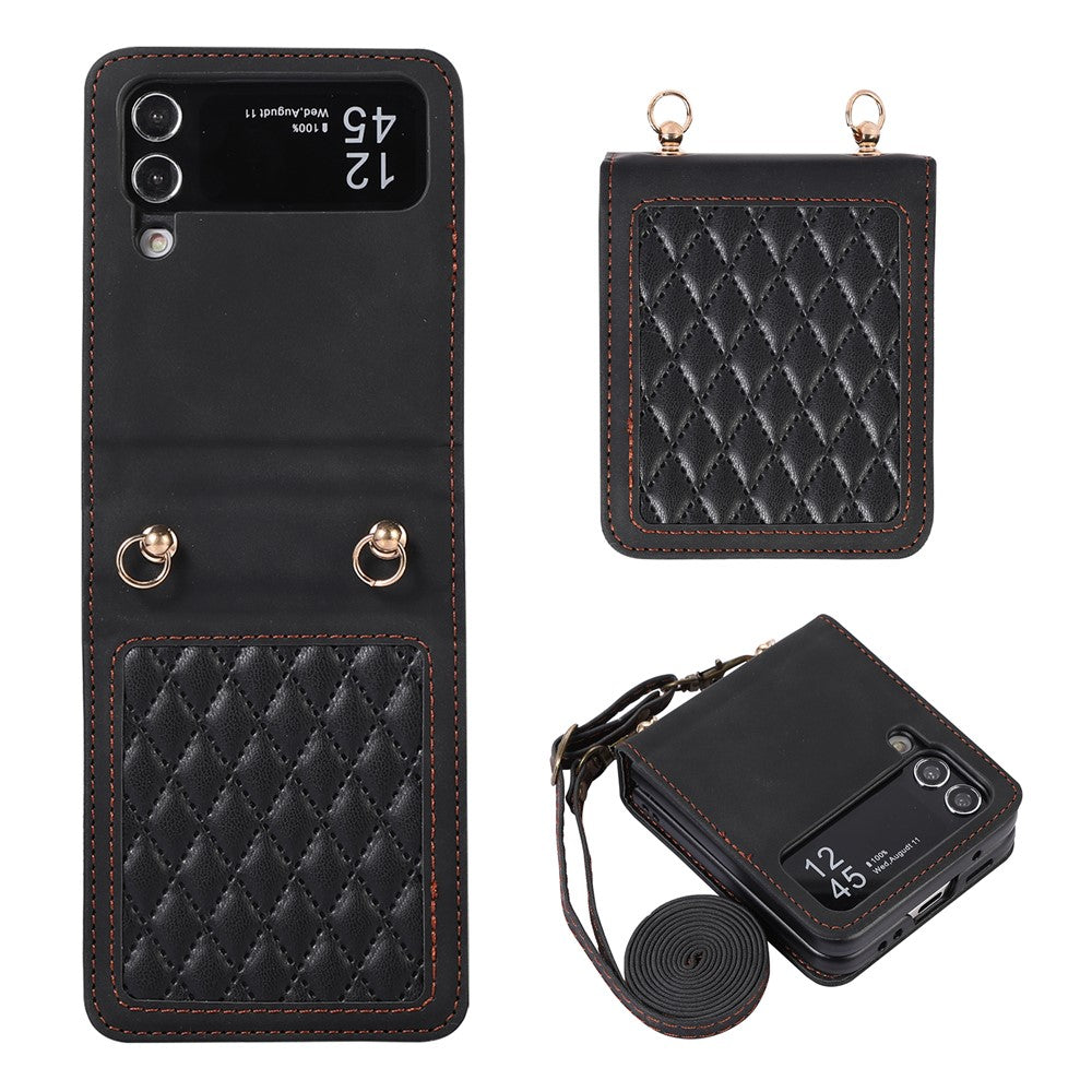 Leather Phone Case for Samsung Galaxy Z Flip4 5G, Rhombus Imprint Cover with Hand Strap and Shoulder Strap