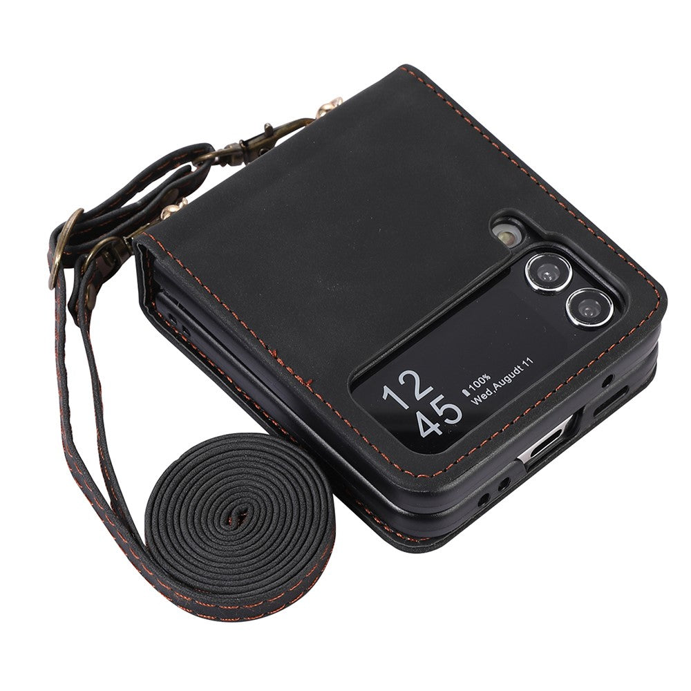 Leather Phone Case for Samsung Galaxy Z Flip4 5G, Rhombus Imprint Cover with Hand Strap and Shoulder Strap
