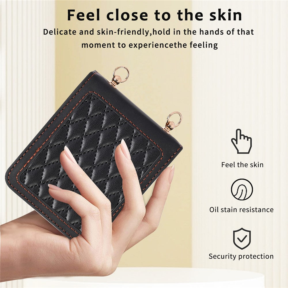 Leather Phone Case for Samsung Galaxy Z Flip4 5G, Rhombus Imprint Cover with Hand Strap and Shoulder Strap