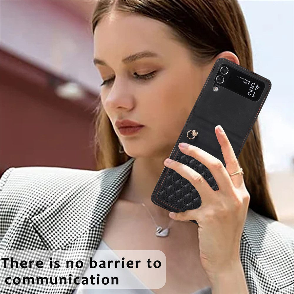 Leather Phone Case for Samsung Galaxy Z Flip4 5G, Rhombus Imprint Cover with Hand Strap and Shoulder Strap