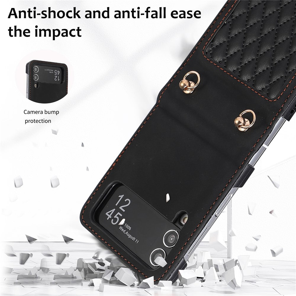 Leather Phone Case for Samsung Galaxy Z Flip4 5G, Rhombus Imprint Cover with Hand Strap and Shoulder Strap