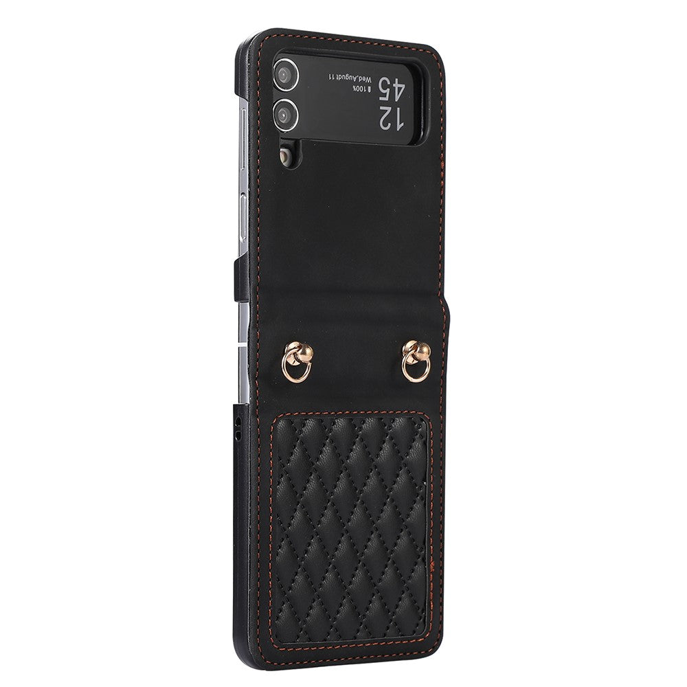 Leather Phone Case for Samsung Galaxy Z Flip4 5G, Rhombus Imprint Cover with Hand Strap and Shoulder Strap