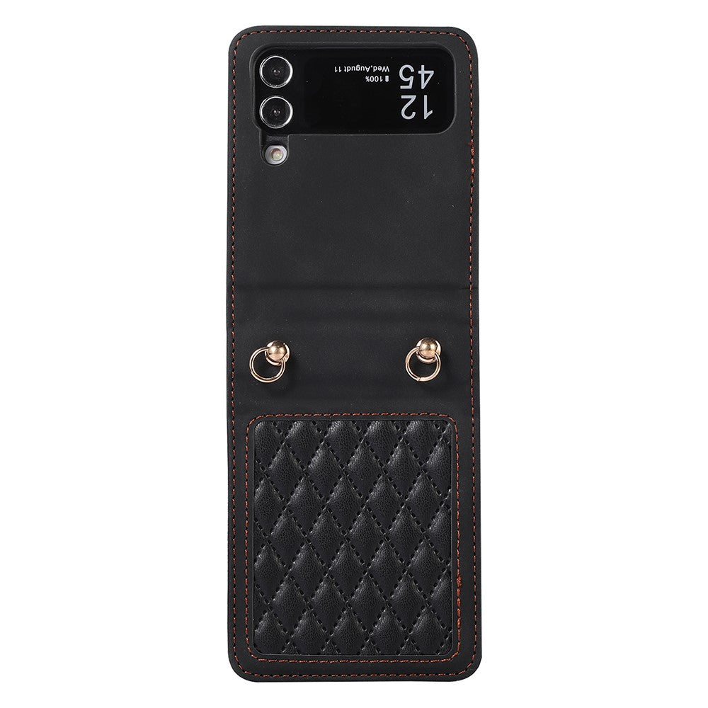 Leather Phone Case for Samsung Galaxy Z Flip4 5G, Rhombus Imprint Cover with Hand Strap and Shoulder Strap