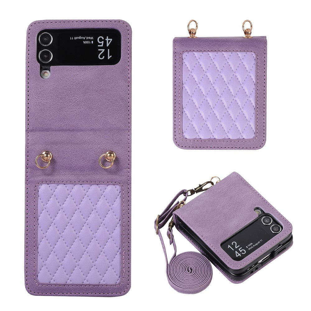 Leather Phone Case for Samsung Galaxy Z Flip4 5G, Rhombus Imprint Cover with Hand Strap and Shoulder Strap