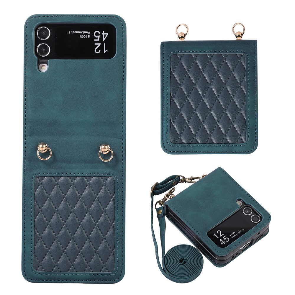 Leather Phone Case for Samsung Galaxy Z Flip4 5G, Rhombus Imprint Cover with Hand Strap and Shoulder Strap