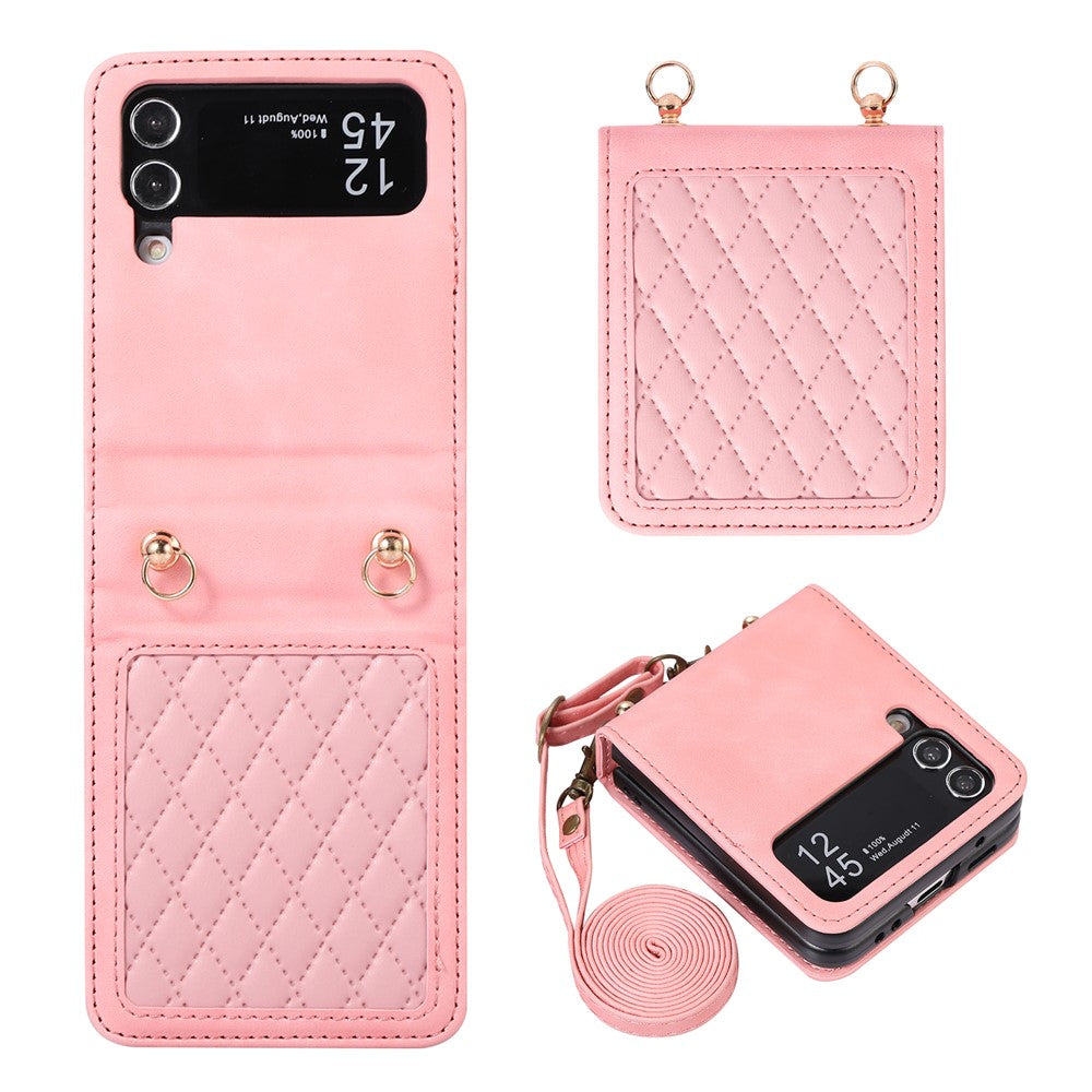 Leather Phone Case for Samsung Galaxy Z Flip4 5G, Rhombus Imprint Cover with Hand Strap and Shoulder Strap
