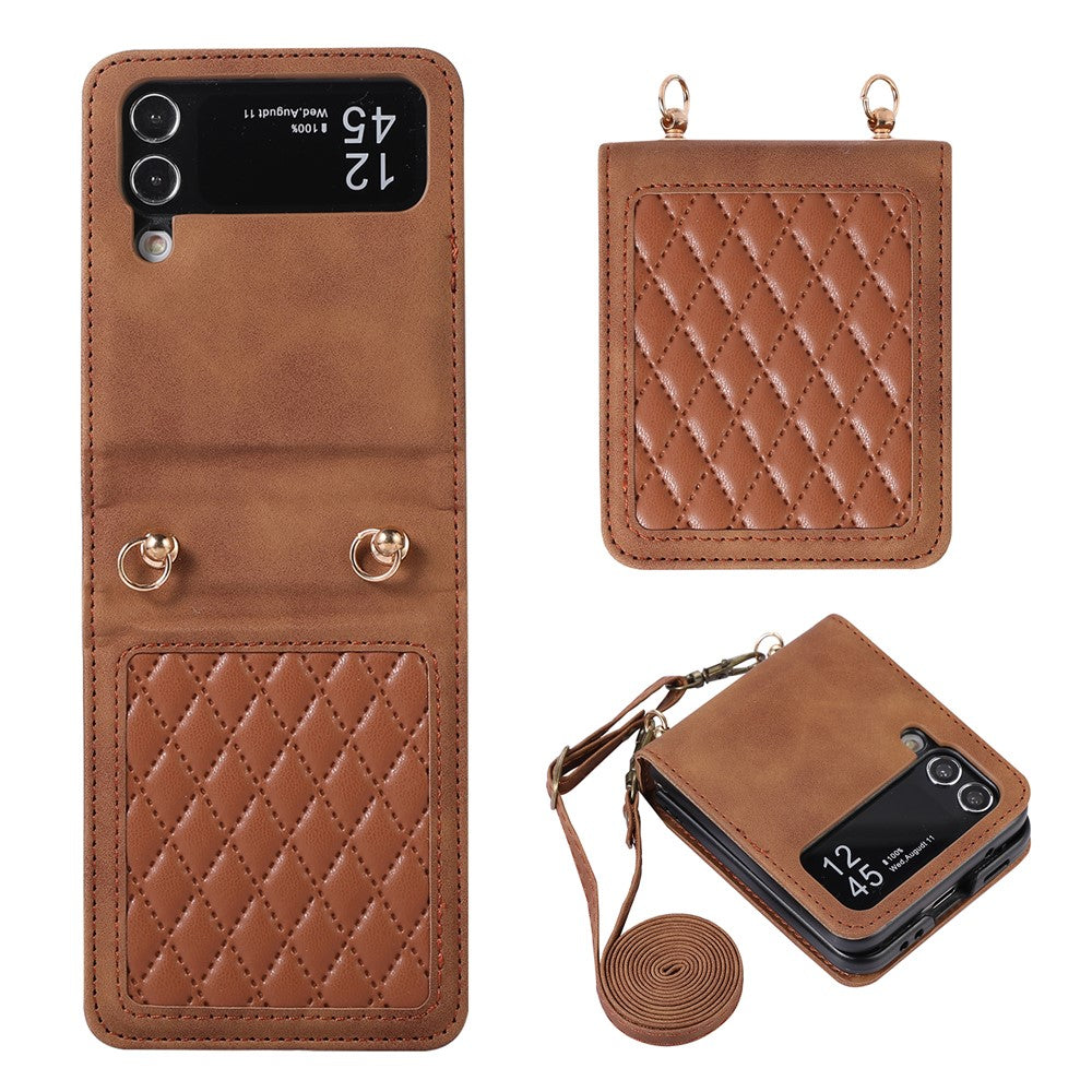 Leather Phone Case for Samsung Galaxy Z Flip4 5G, Rhombus Imprint Cover with Hand Strap and Shoulder Strap