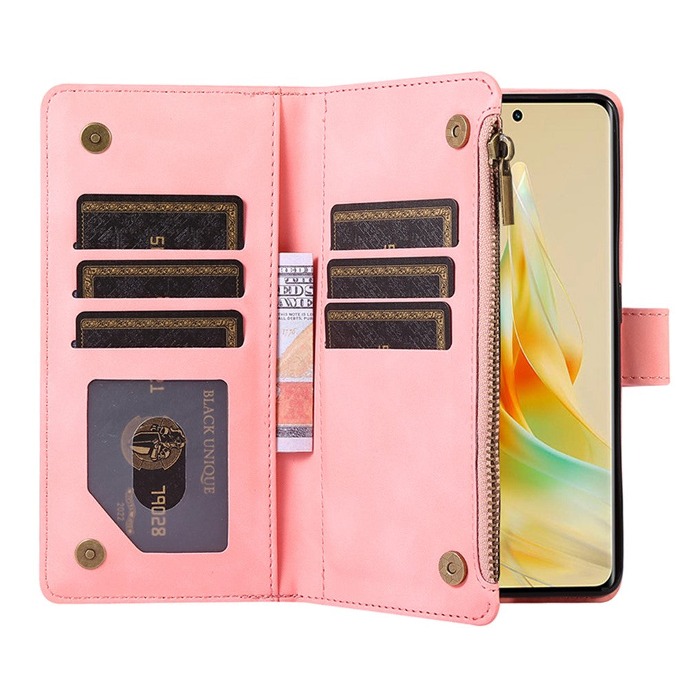 For Oppo Reno8 T 5G / A1 Pro 5G Zipper Pocket Leather Drop-proof Shell 9 Card Slots Wallet Stand Phone Case