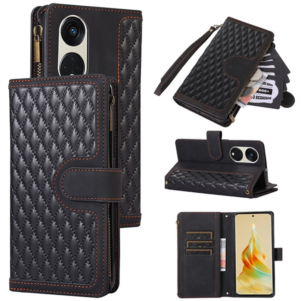 For Oppo Reno8 T 5G / A1 Pro 5G Zipper Pocket Leather Drop-proof Shell 9 Card Slots Wallet Stand Phone Case
