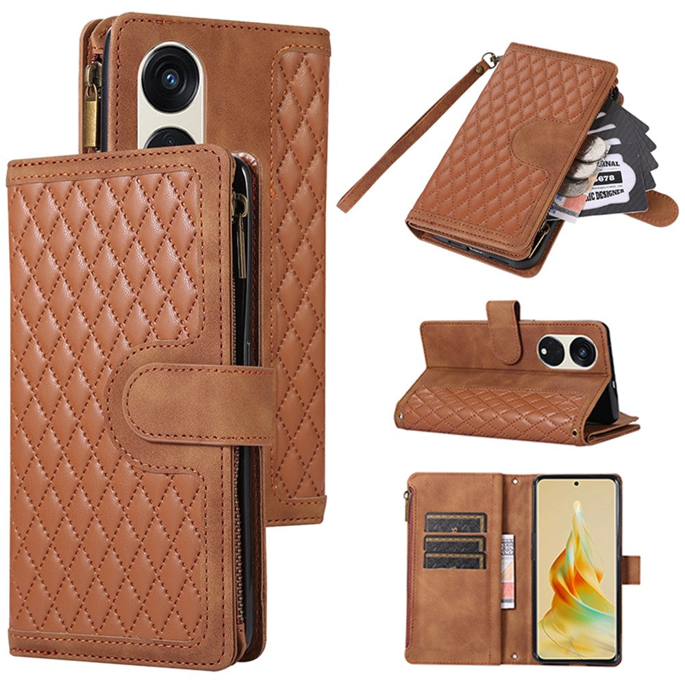 For Oppo Reno8 T 5G / A1 Pro 5G Zipper Pocket Leather Drop-proof Shell 9 Card Slots Wallet Stand Phone Case