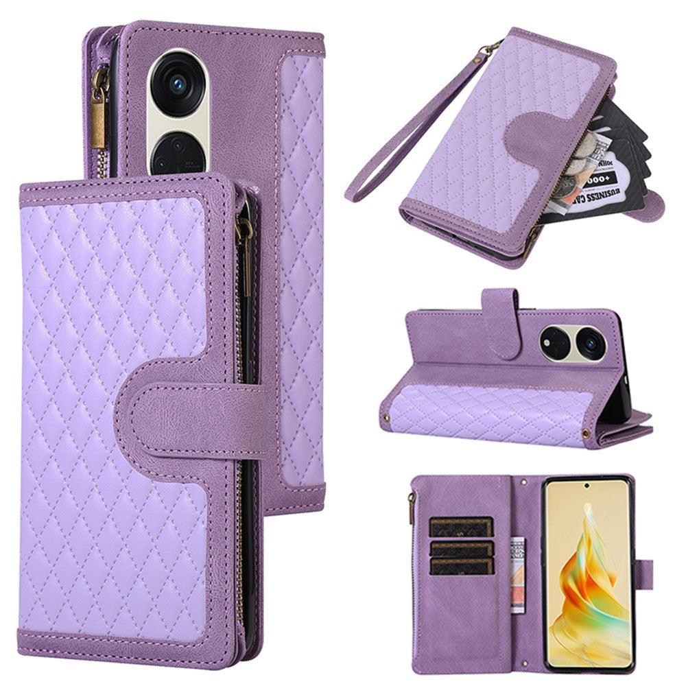 For Oppo Reno8 T 5G / A1 Pro 5G Zipper Pocket Leather Drop-proof Shell 9 Card Slots Wallet Stand Phone Case