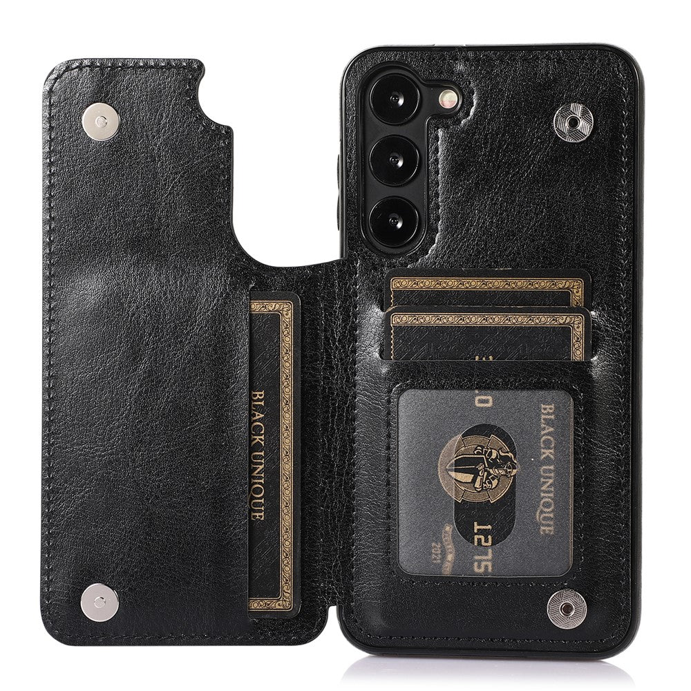 Samsung Galaxy S23-mobilcover i PU-læderbelagt TPU med dobbelte knapper, kortholder og stativ