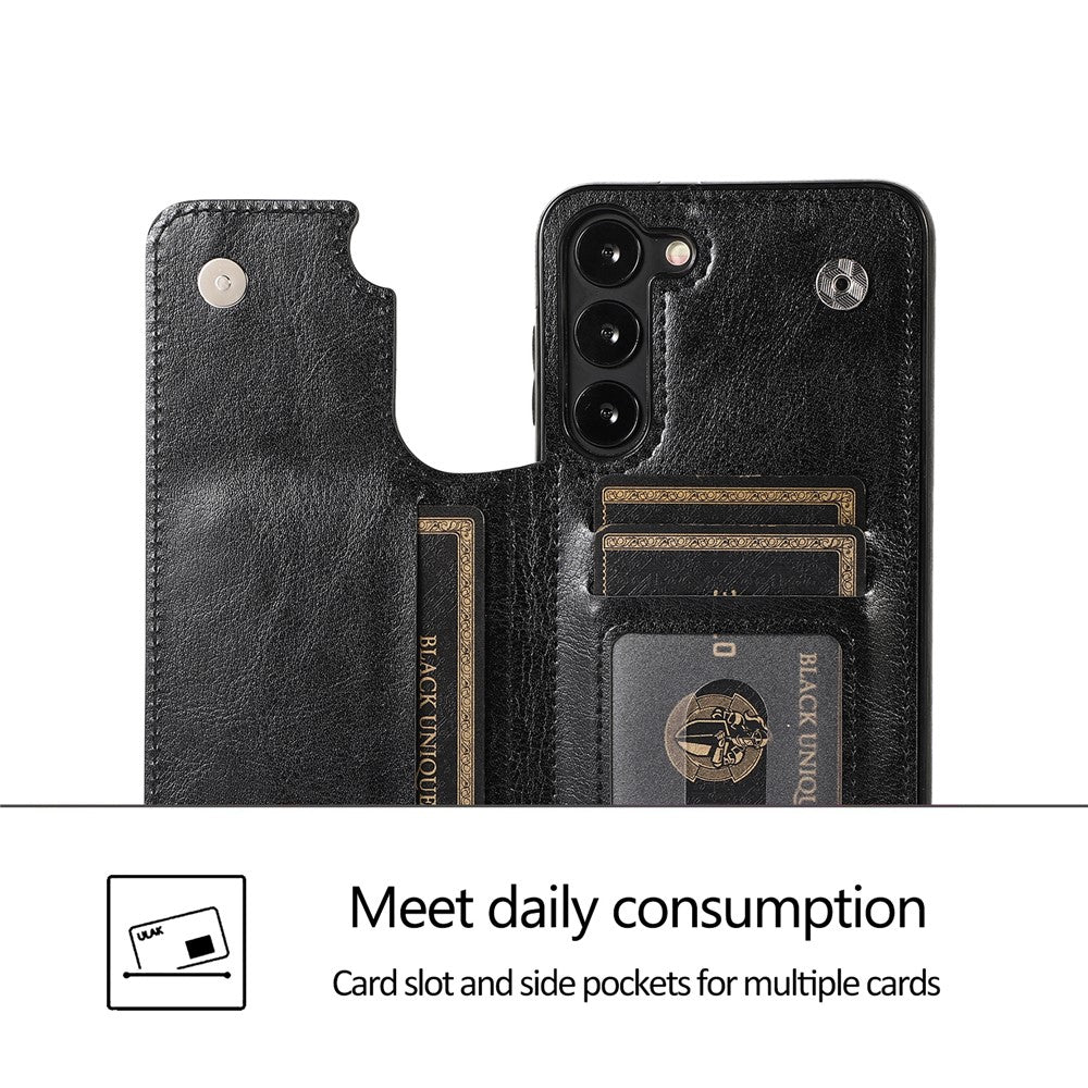 Samsung Galaxy S23-mobilcover i PU-læderbelagt TPU med dobbelte knapper, kortholder og stativ