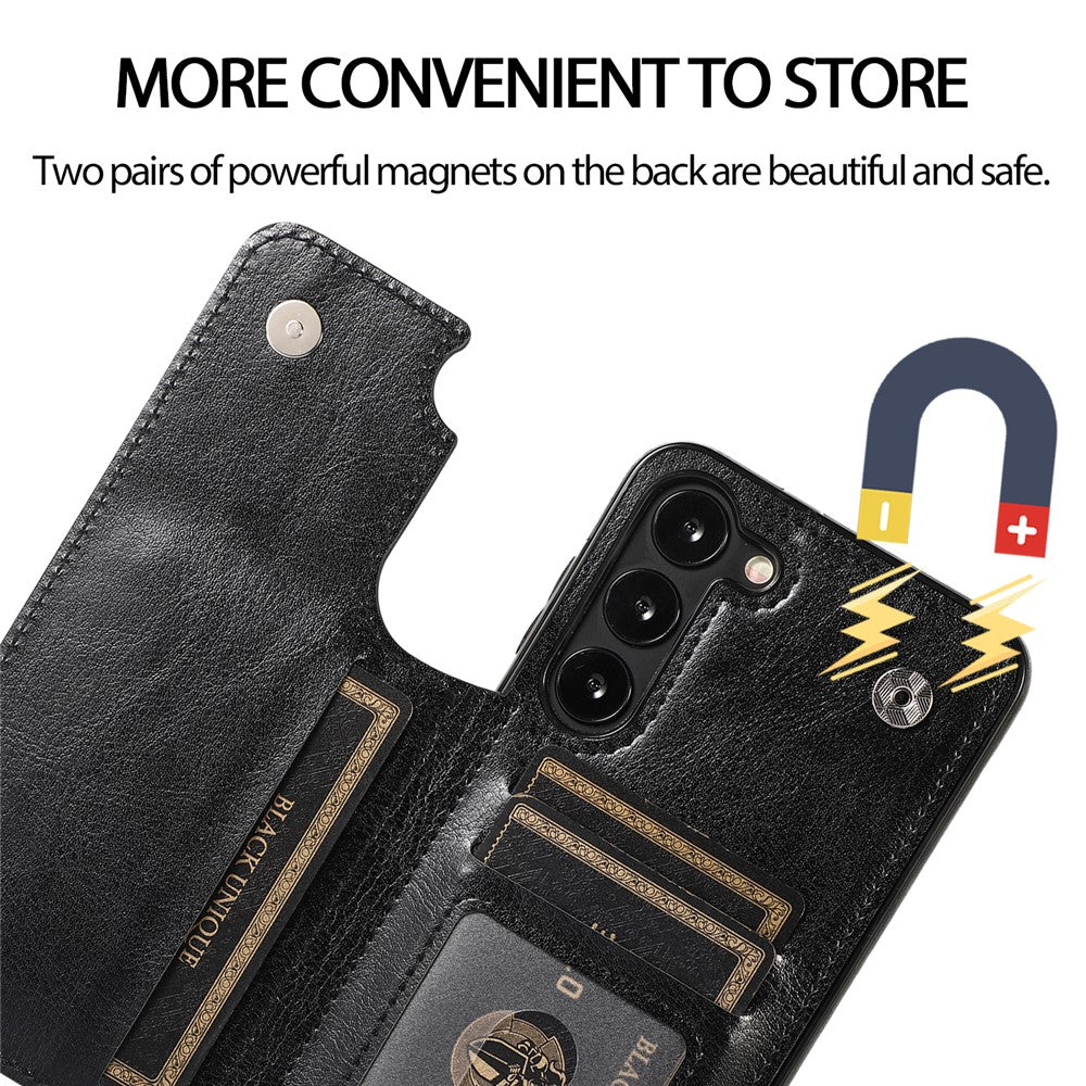 Samsung Galaxy S23-mobilcover i PU-læderbelagt TPU med dobbelte knapper, kortholder og stativ