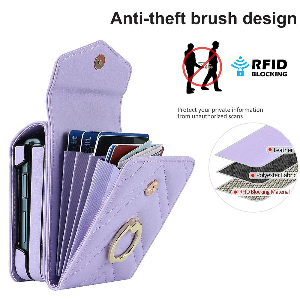 ZD 011 Card Bag Phone Case for Samsung Galaxy Z Flip3 5G, Ring Kickstand RFID Blocking Leather+PC Cover