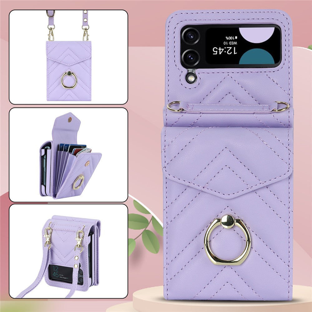ZD 011 Card Bag Phone Case for Samsung Galaxy Z Flip3 5G, Ring Kickstand RFID Blocking Leather+PC Cover