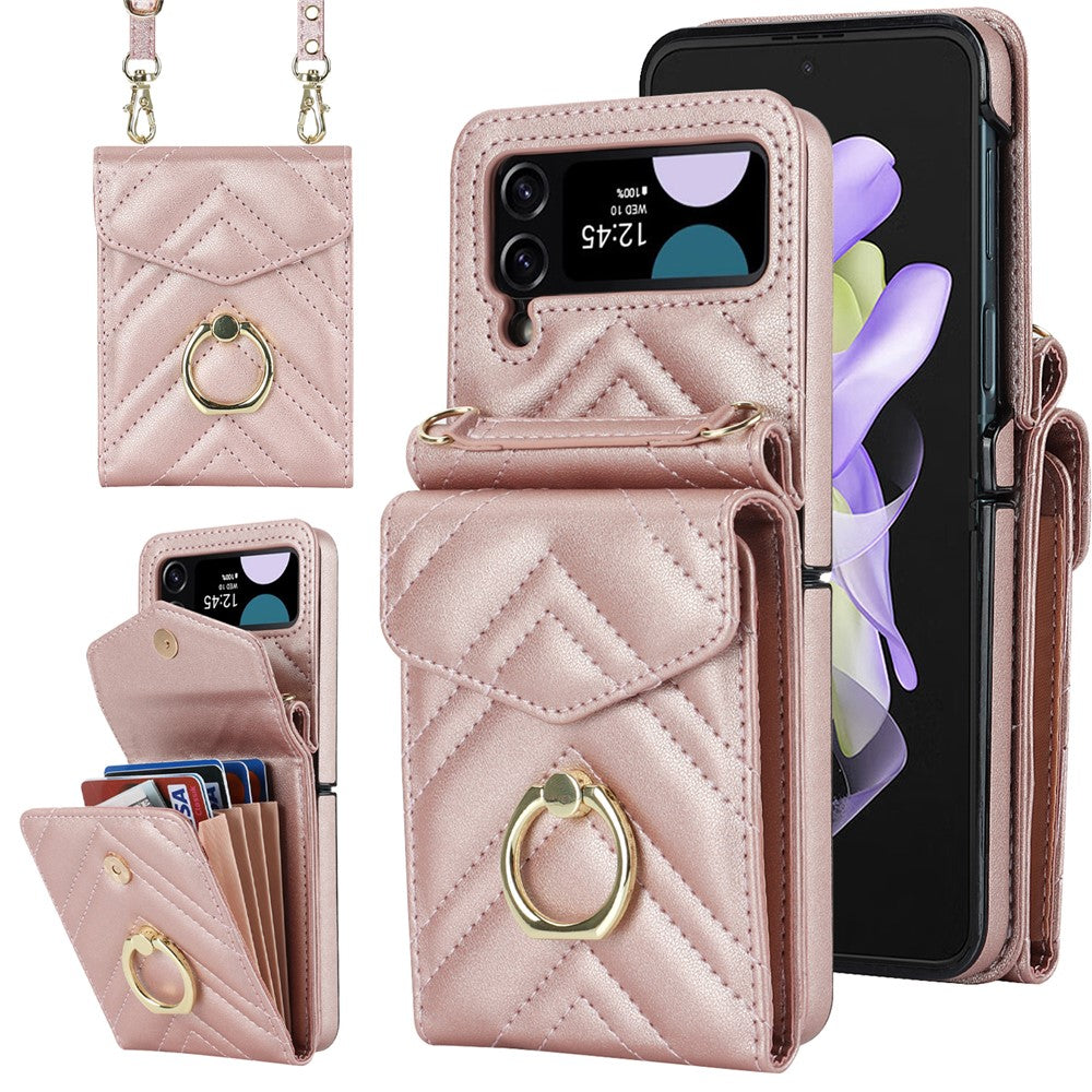 ZD 011 Card Bag Phone Case for Samsung Galaxy Z Flip3 5G, Ring Kickstand RFID Blocking Leather+PC Cover