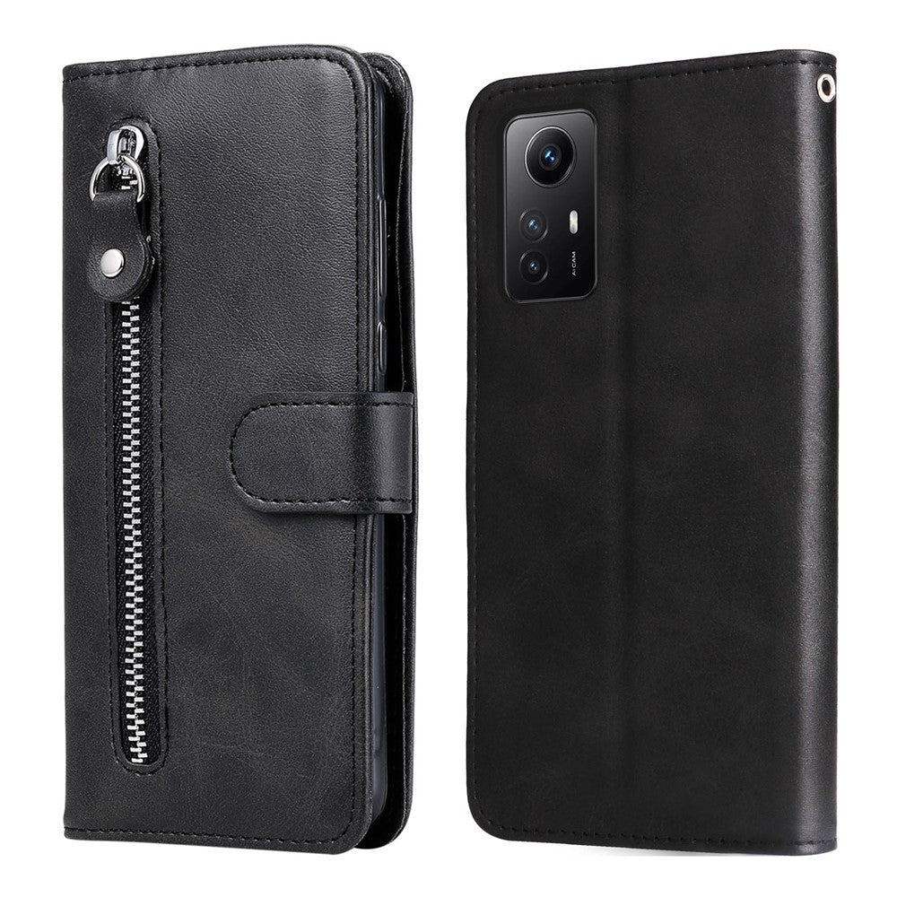 Xiaomi Redmi Note 12S 4G Kalvtextur mobilskal Stativ Dragkedja Ficka Plånboksfodral