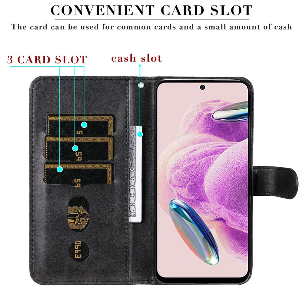 Xiaomi Redmi Note 12S 4G Kalvtextur mobilskal Stativ Dragkedja Ficka Plånboksfodral