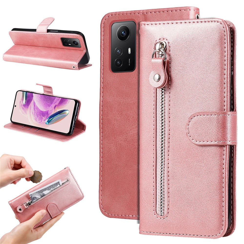 Xiaomi Redmi Note 12S 4G Kalvtextur mobilskal Stativ Dragkedja Ficka Plånboksfodral