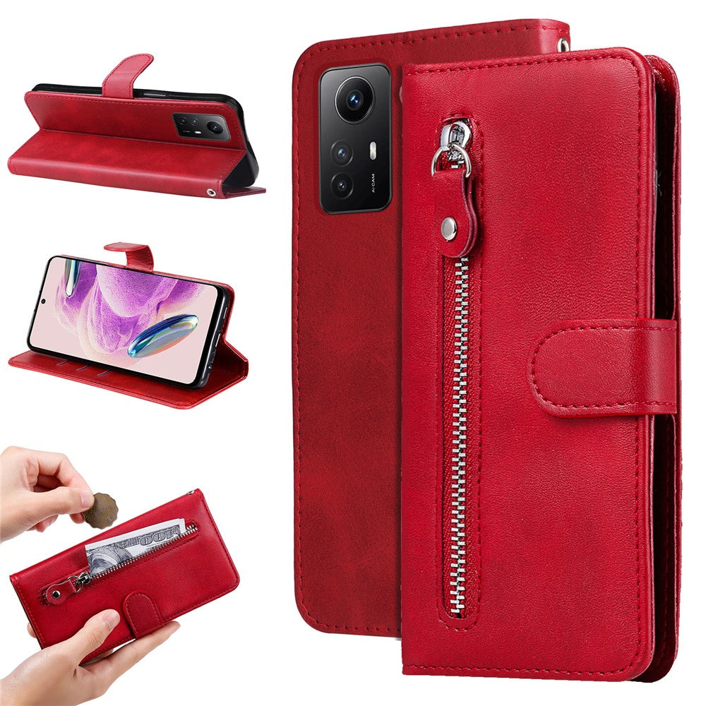 Xiaomi Redmi Note 12S 4G Kalvtextur mobilskal Stativ Dragkedja Ficka Plånboksfodral