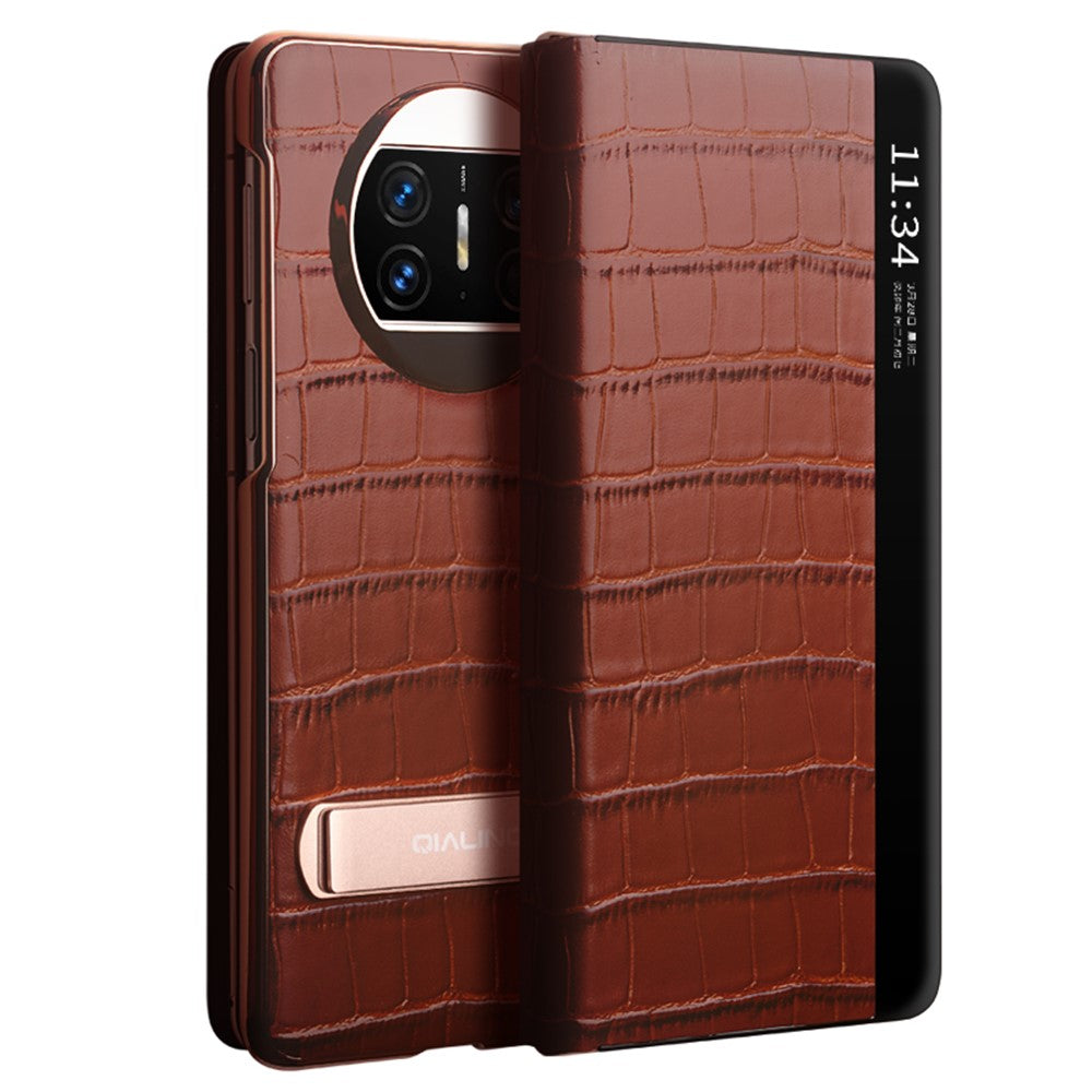 QIALINO För Huawei Mate X3 5G Äkta Koläder Magnetiskt Auto Wake / Sleep Anti-Drop mobilskal med Stöd