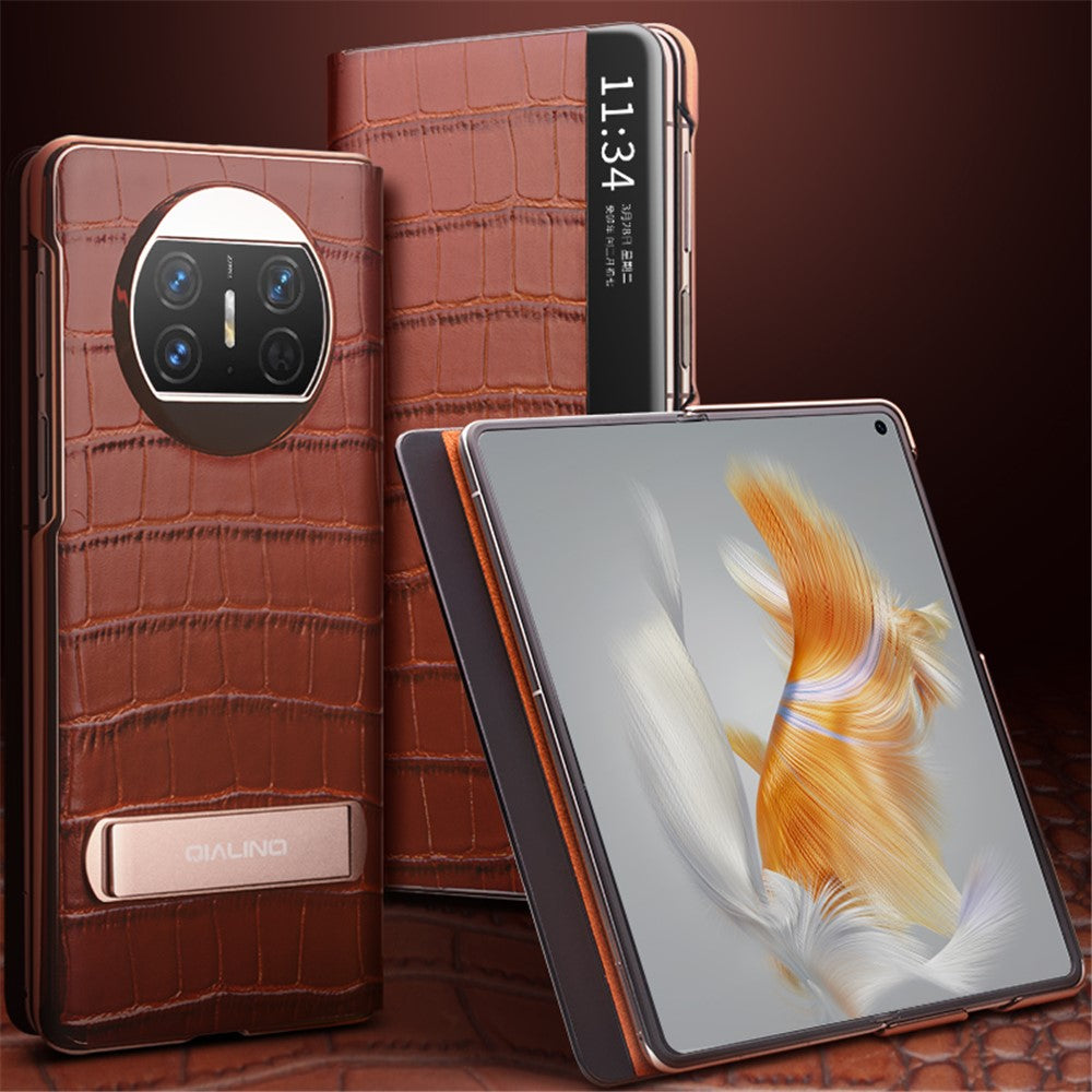 QIALINO För Huawei Mate X3 5G Äkta Koläder Magnetiskt Auto Wake / Sleep Anti-Drop mobilskal med Stöd